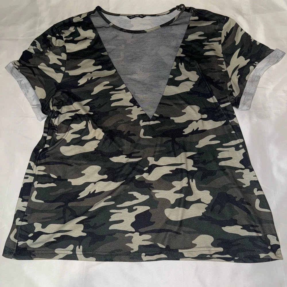 SHEIN Camouflage V-Neck Mesh Women Top - Picture 1 of 3